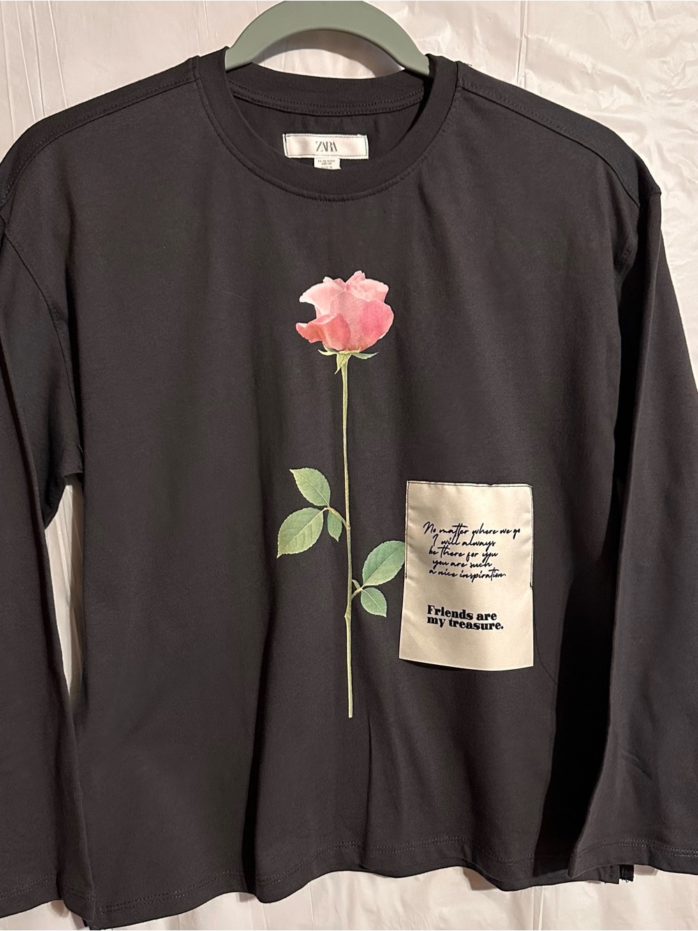 ZaraCharcoal Long-Sleeve Shirt with Pink Rose Graphic